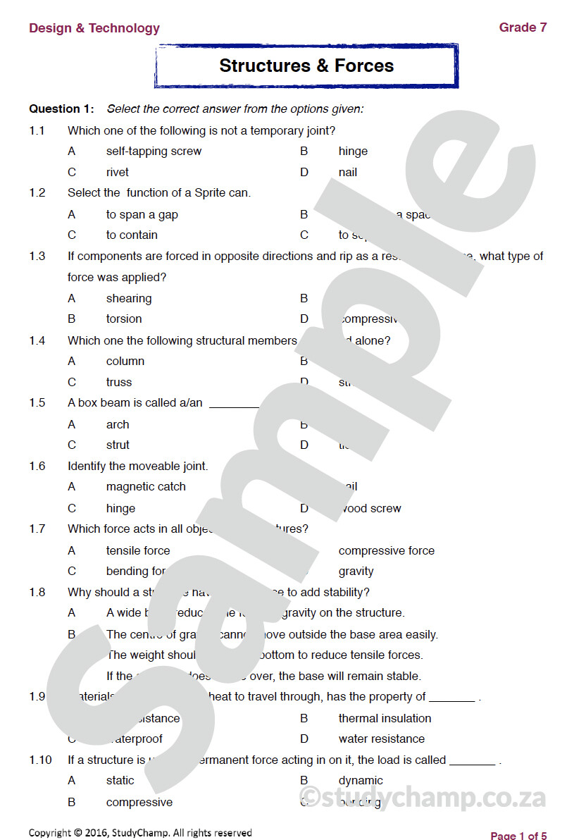 Grade 7 Technology Test: Structures and Forces