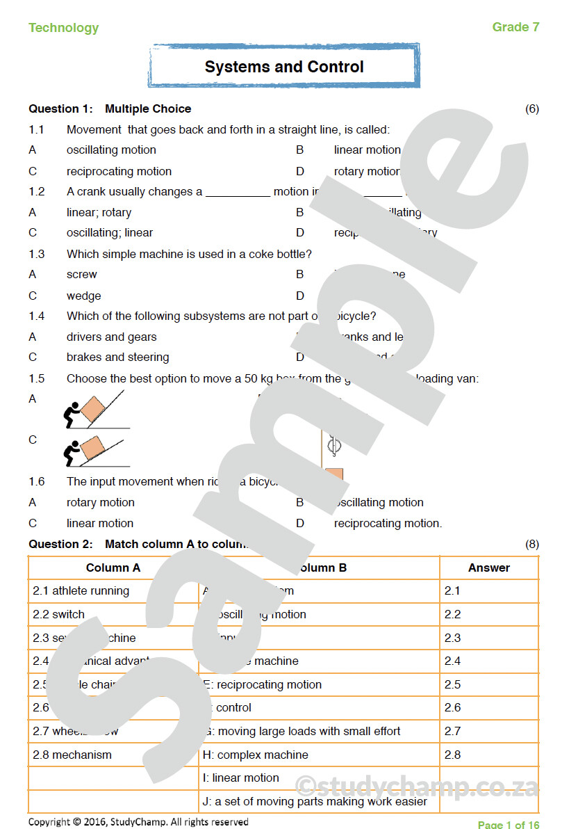 Grade 7 Technology Test: Systems and Control