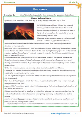 Grade 7 Geography Worksheet: Volcanoes