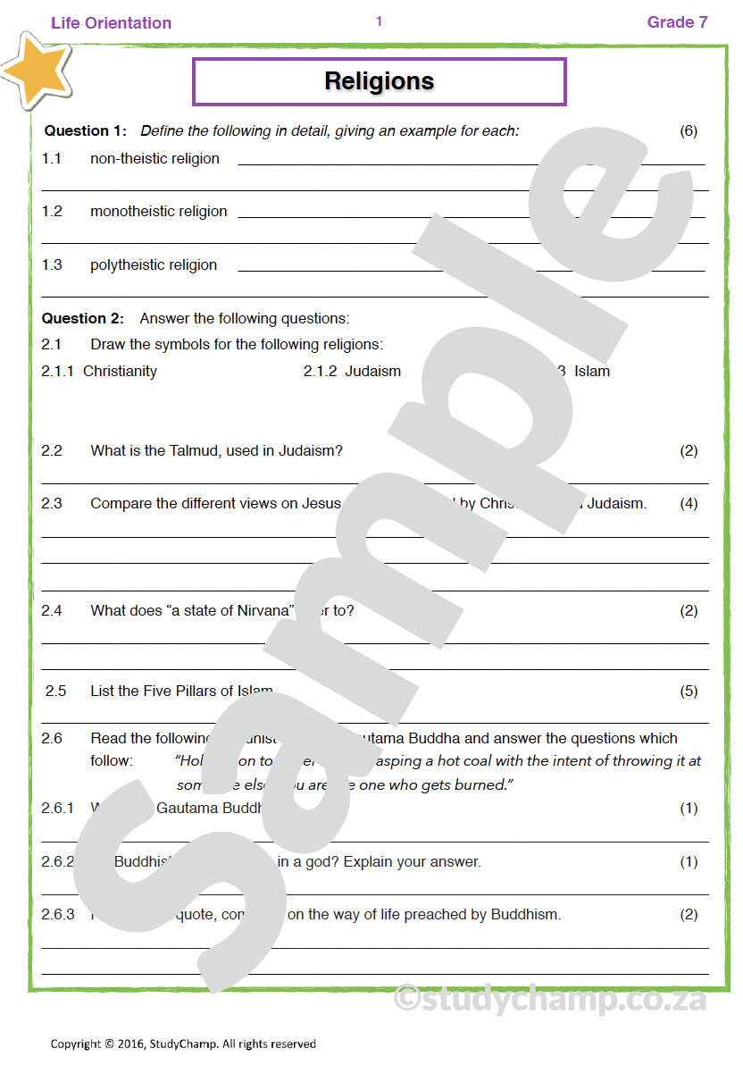 Grade 7 Life Orientation Test: Religions and healthy diets