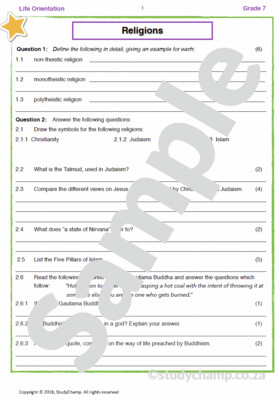 Grade 7 Life Orientation Test: Religions and healthy diets