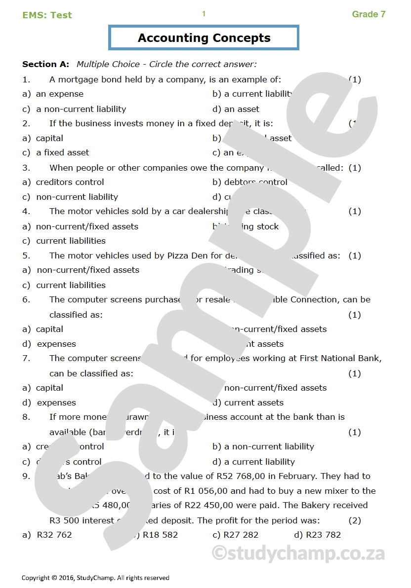 Grade 7 EMS Test: Accounting Concepts