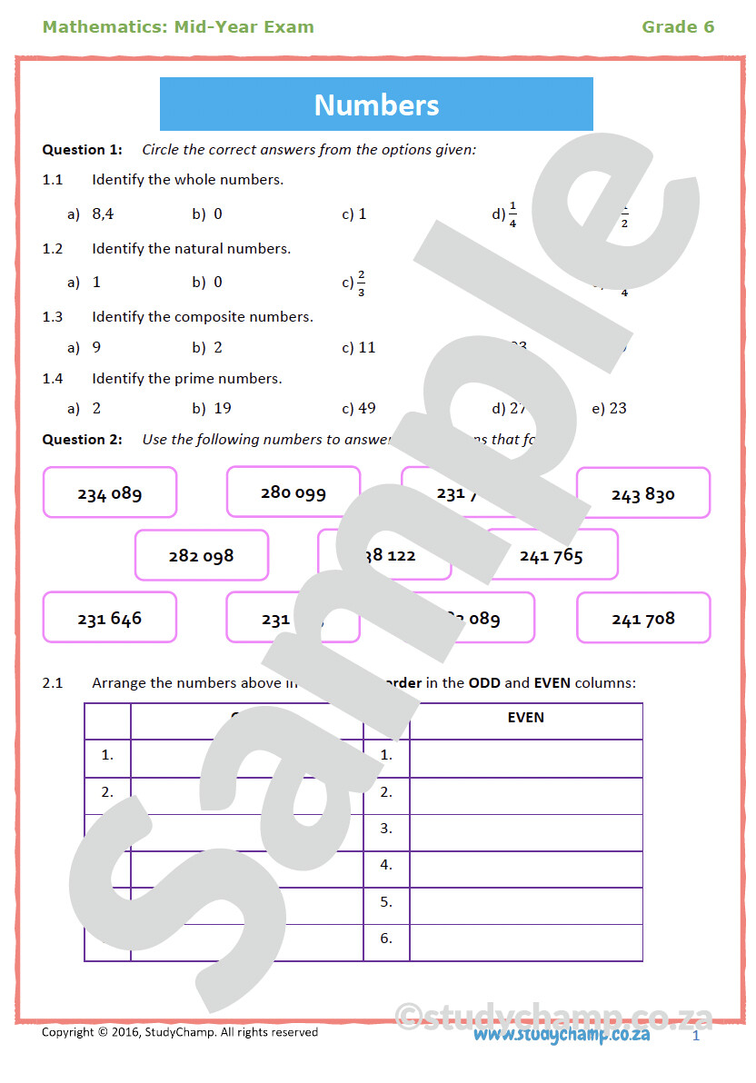 Grade 6 Maths Mid-year Exam Revision: Workbook 1