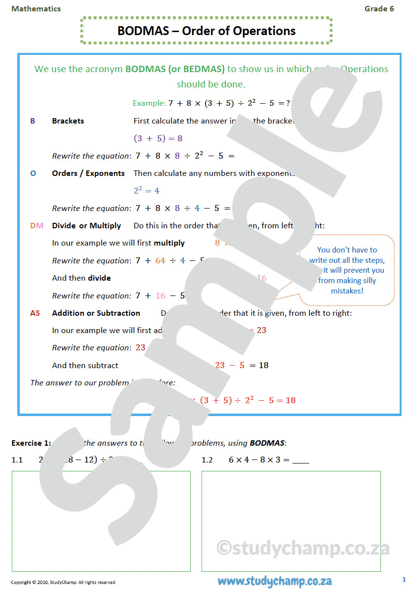 Grade 6 Maths Worksheet: BODMAS