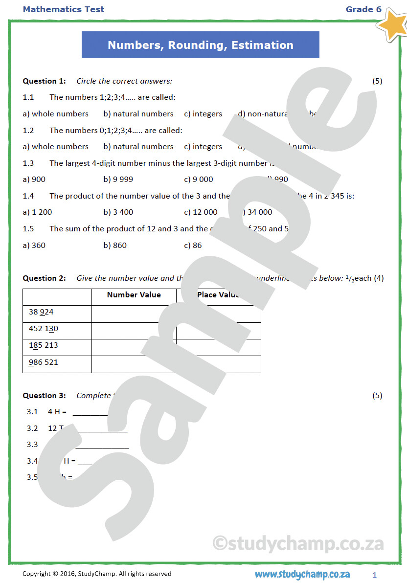 Grade 6 Maths Test Whole Numbers, Rounding and Number concepts
