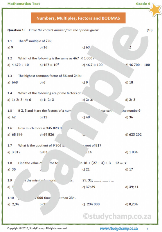 Grade 6 Maths Test: BODMAS, Factors and Multiples