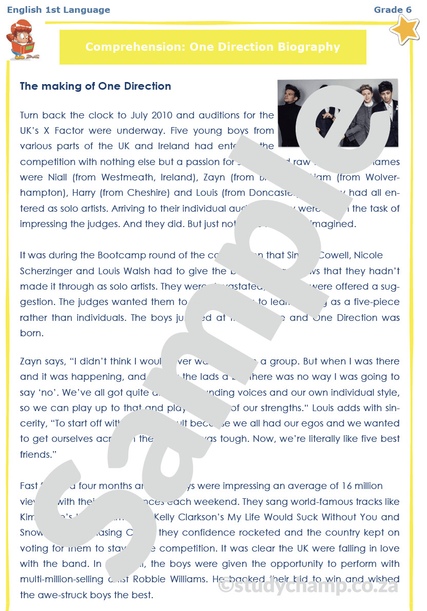 Grade 6 English Comprehension: One Direction