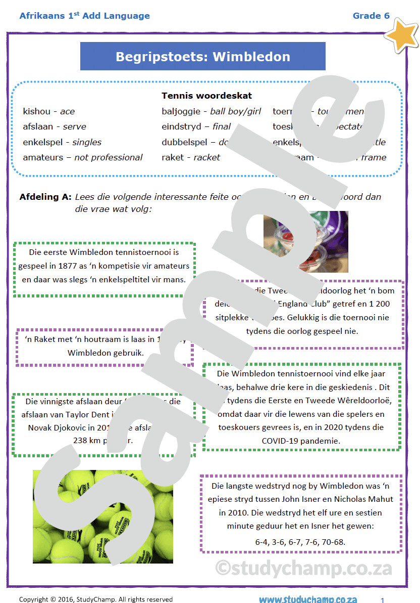 Grade 6 Afrikaans Begrip: Wimbledon