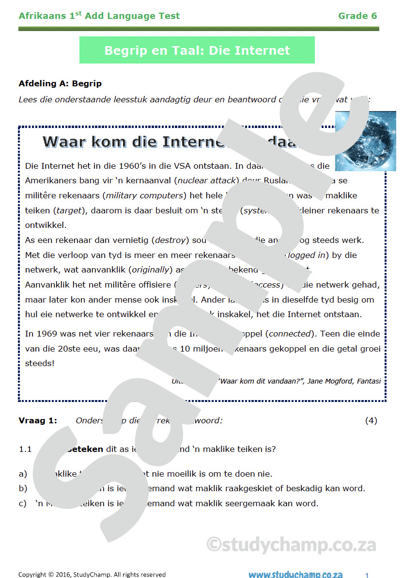 Grade 6 Afrikaans Toets: Internet