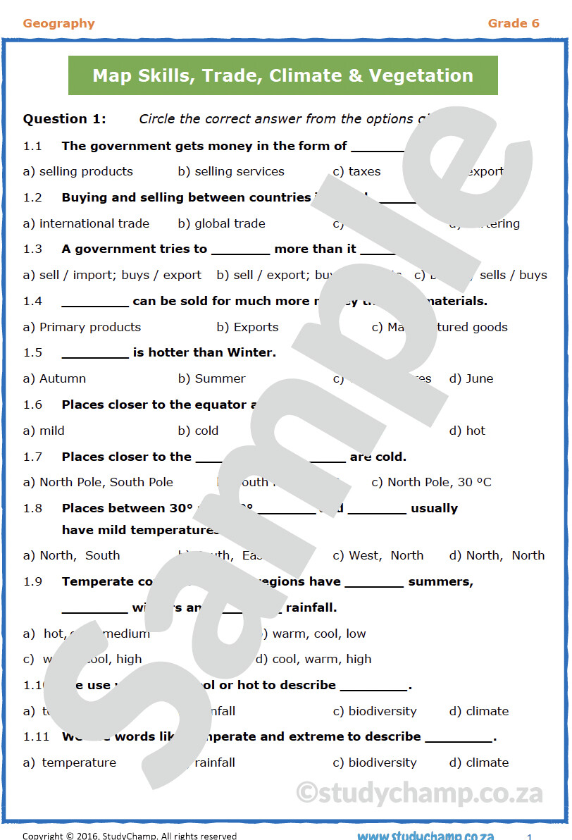 worksheets for grade 5 afrikaans Grade 6 Geography Year-end Exam Revision workbook