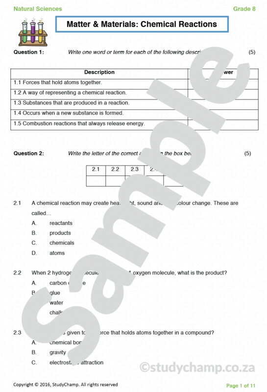 Grade 8 Natural Sciences Test: Chemical Reactions