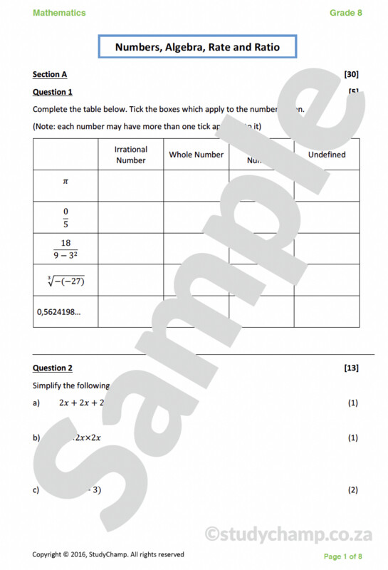 Grade 8 Mathematics Test: Numbers and Algebra