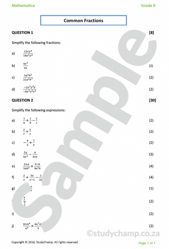 Grade 8 Mathematics Test: Common Fractions