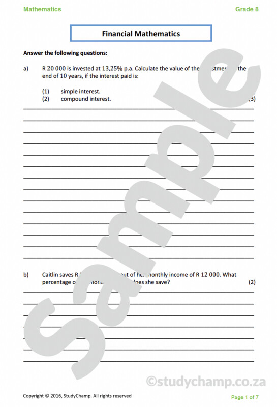 Grade 8 Mathematics Test: Financial Maths