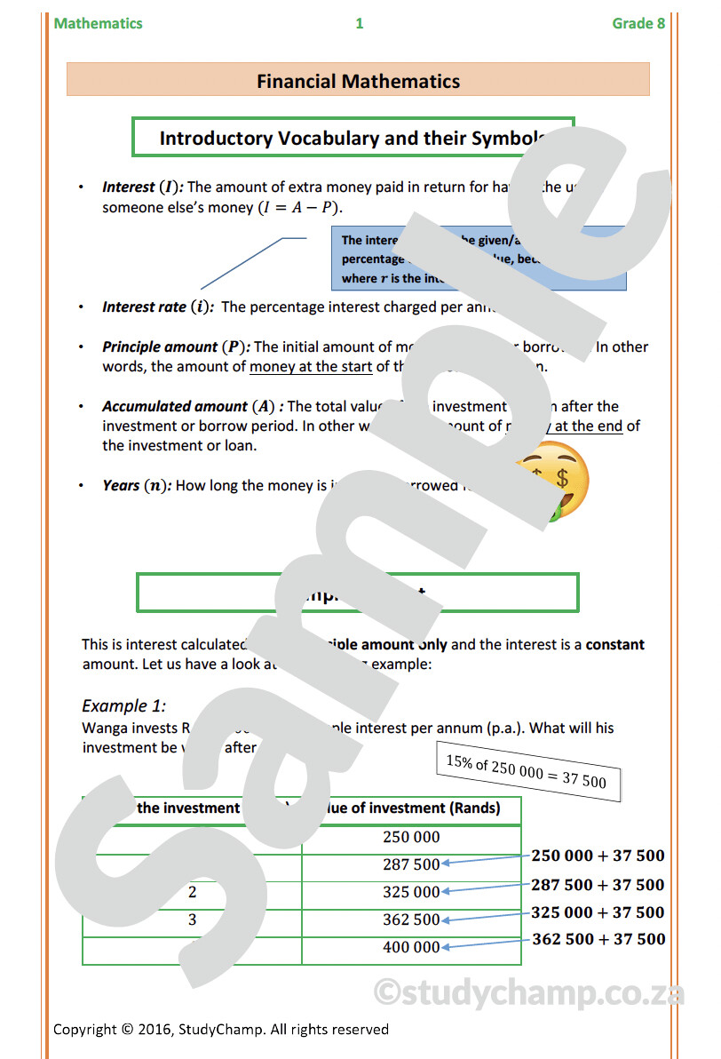Grade 8 Mathematics Workbook: Finance