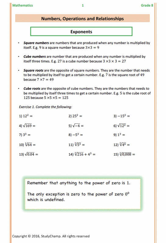 Grade 8 Mathematics Workbook: Exponents and Scientific Notation