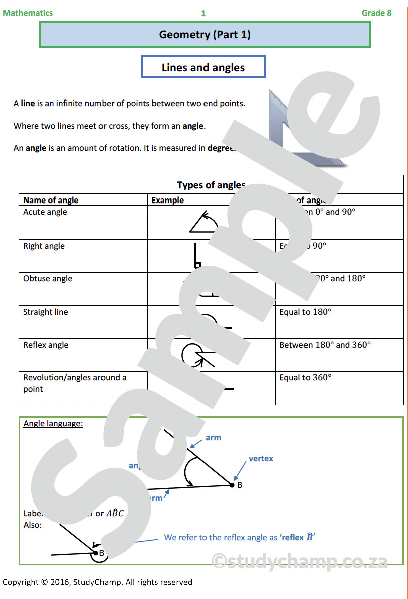 Grade 8 Mathematics Workbook: Geometry - Lines and Angles