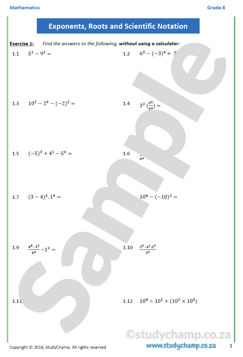 Grade 8 Mathematics Worksheet: Exponents and Roots