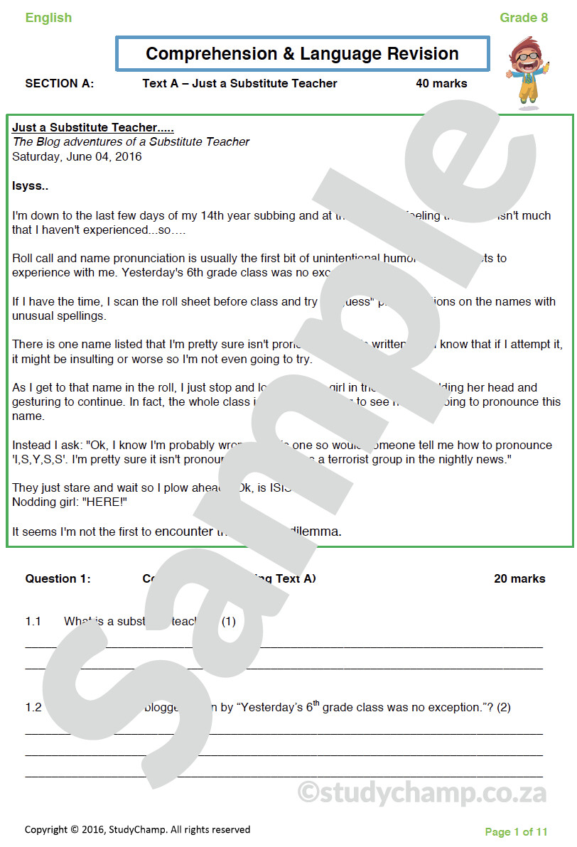 Grade 8 English Workbook: Comprehension and Language 1