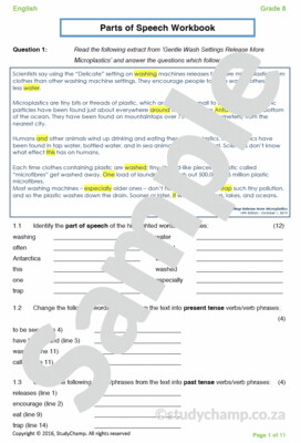 Grade 8 English Worksheet: Parts of Speech Application