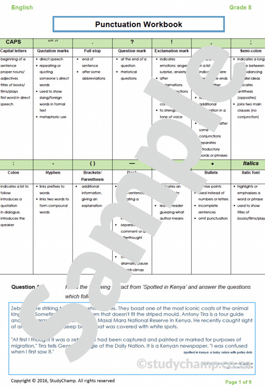 Grade 8 English Worksheet: Punctuation