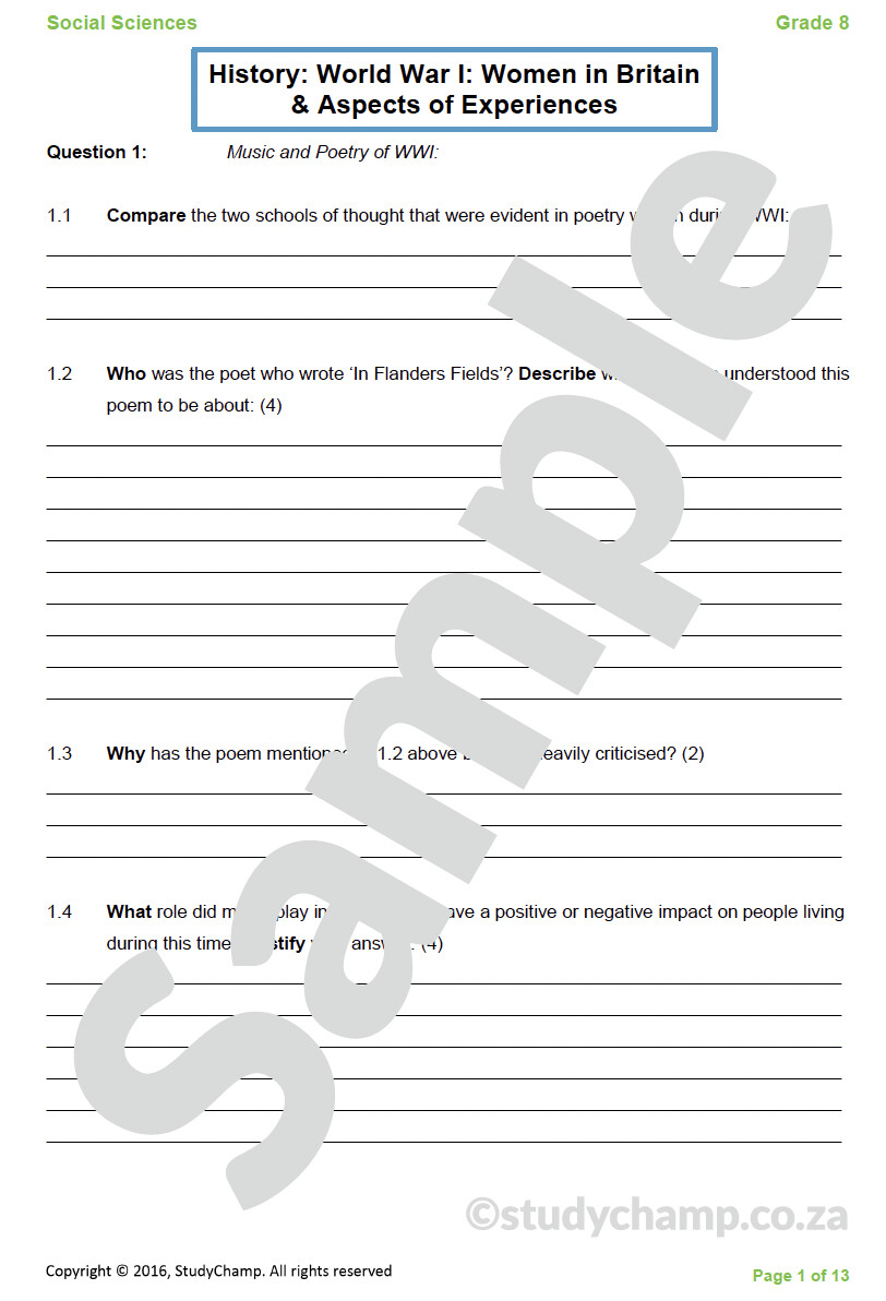 Grade 8 History Test: World War I - Women in the War and Versailles