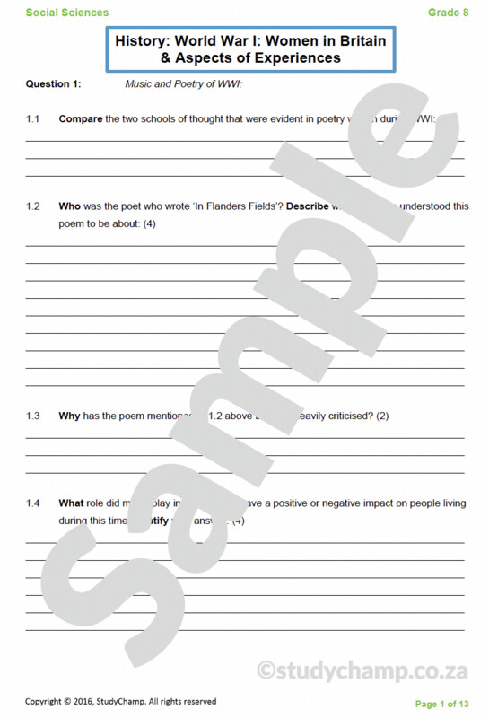 Grade 8 History Test: World War I - Women in the War and Versailles