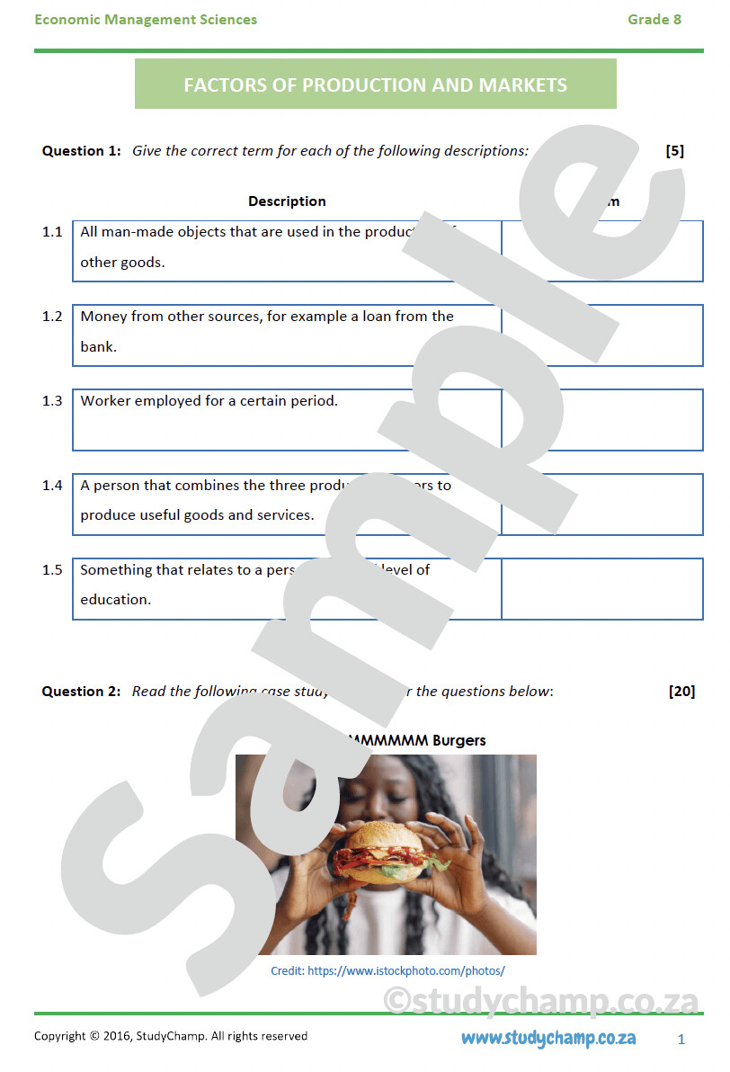 Grade 8 EMS Test: Factors of Production and Markets