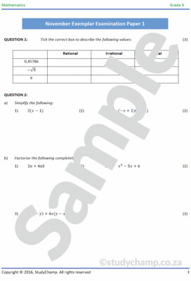 Grade 9 Mathematics Year-end Exam Revision: Workbook 1