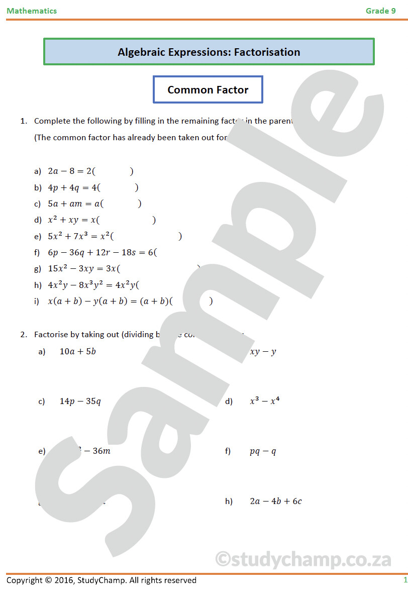 Grade 9 Mathematics Workbook Factorisation