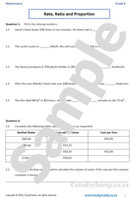 Grade 9 Mathematics Worksheet: Rate, ratio and proportion