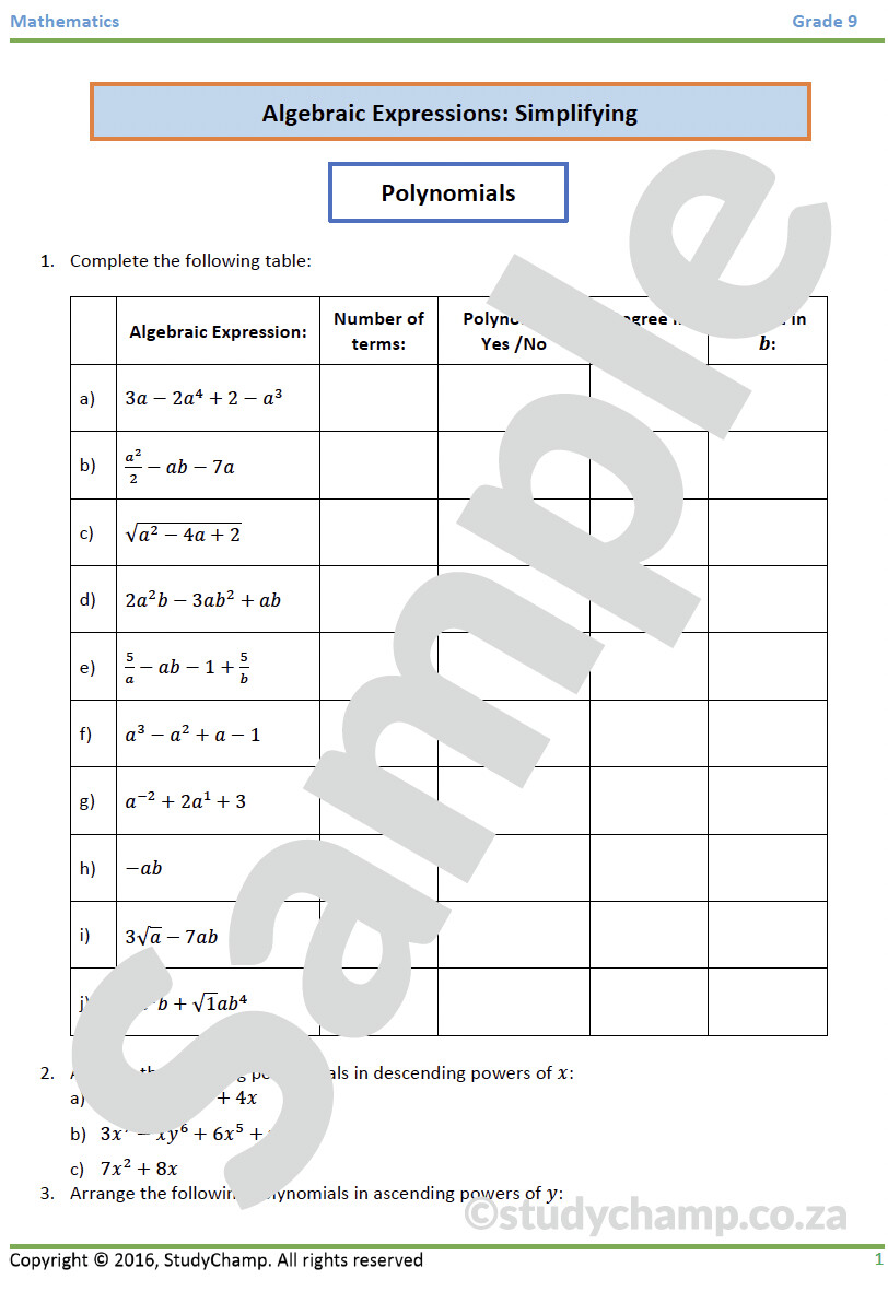 Grade 9 Mathematics Workbook: Algebraic Expressions