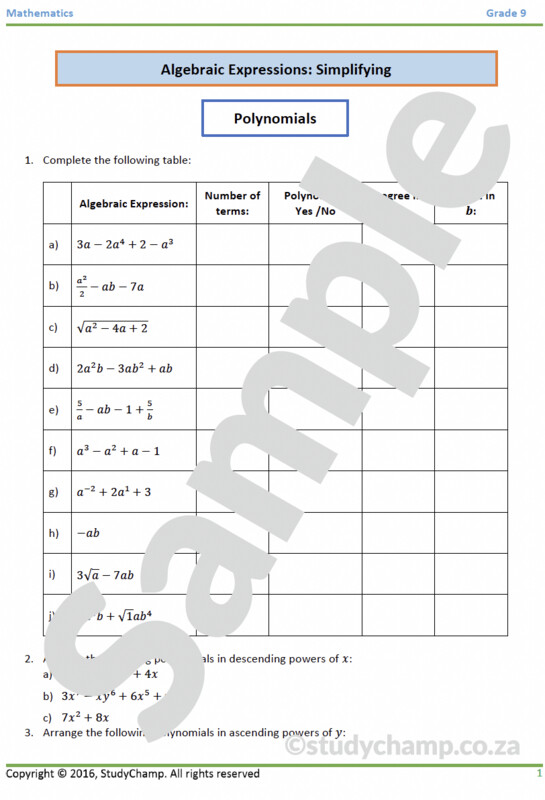 Grade 9 Mathematics Workbook: Algebraic Expressions