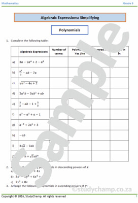 Grade 9 Mathematics Workbook: Algebraic Expressions