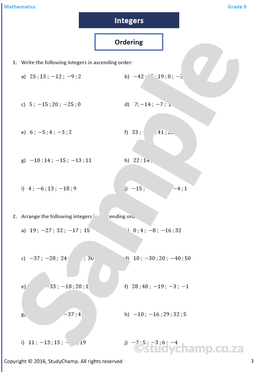 Grade 9 Mathematics Workbook: Integers