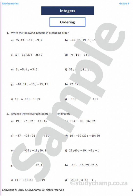 Grade 9 Mathematics Workbook: Integers