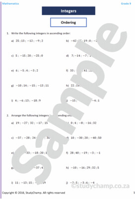 Grade 9 Mathematics Workbook: Integers