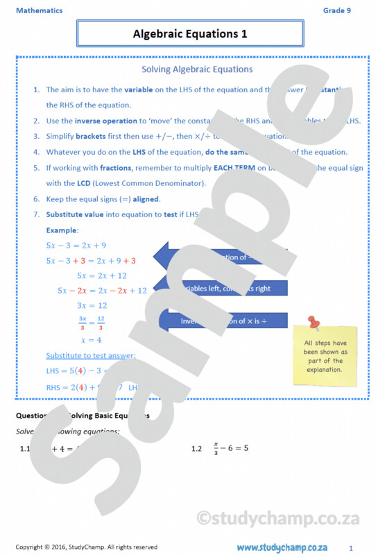Grade 9 Mathematics Worksheet: Algebraic Equations