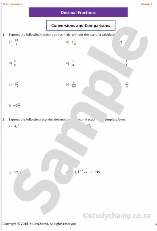 Grade 9 Mathematics Workbook: Decimal Fractions