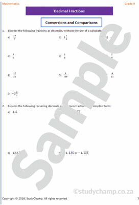 Grade 9 Mathematics Workbook: Decimal Fractions