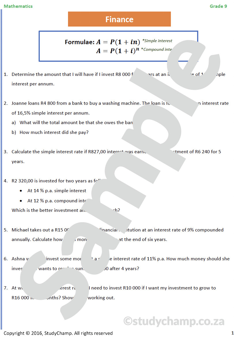 Grade 9 Mathematics Workbook Finance