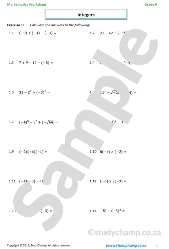 Grade 9 Mathematics Worksheet: Integers