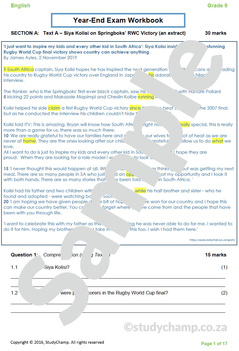 Grade 9 English Year-end Exam Revision: Comprehension and Language