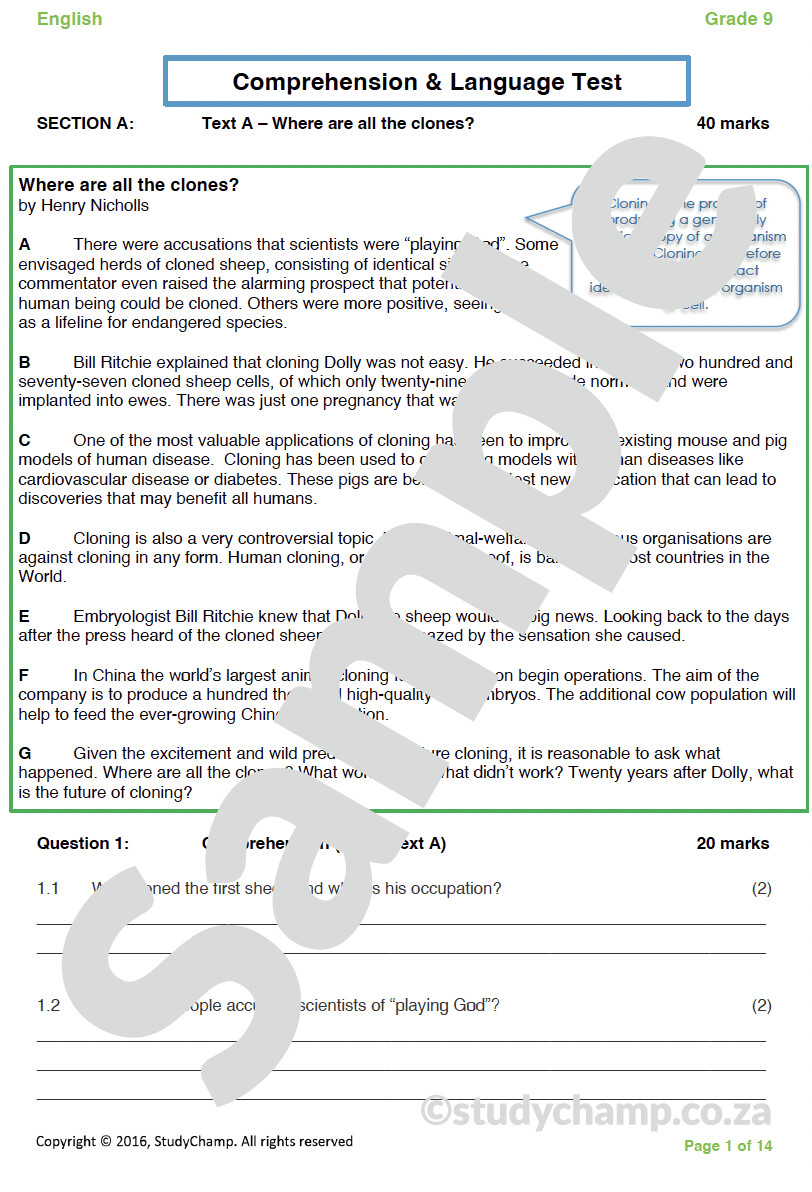 Grade 9 English: Comprehension and Language - Cloning