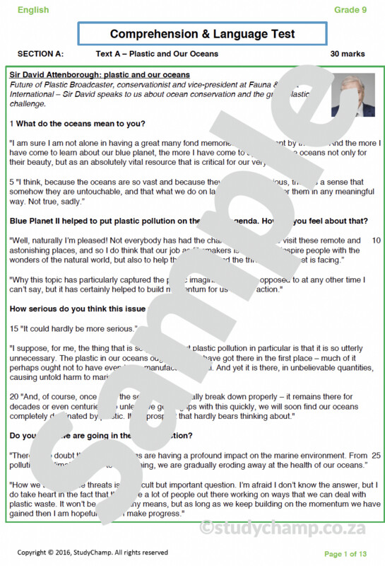 Grade 9 English: Comprehension and Language - Plastic