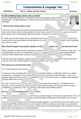 Grade 9 English: Comprehension and Language - Plastic
