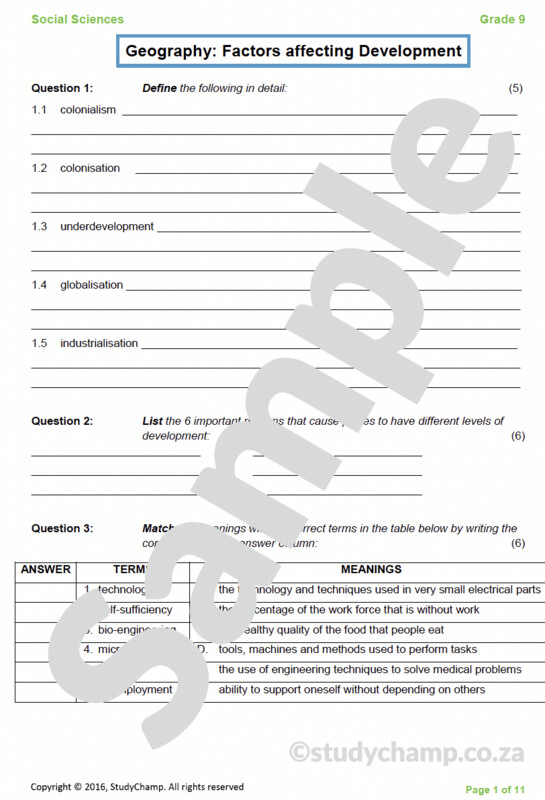Grade 9 Geography Test: Factors affecting Development