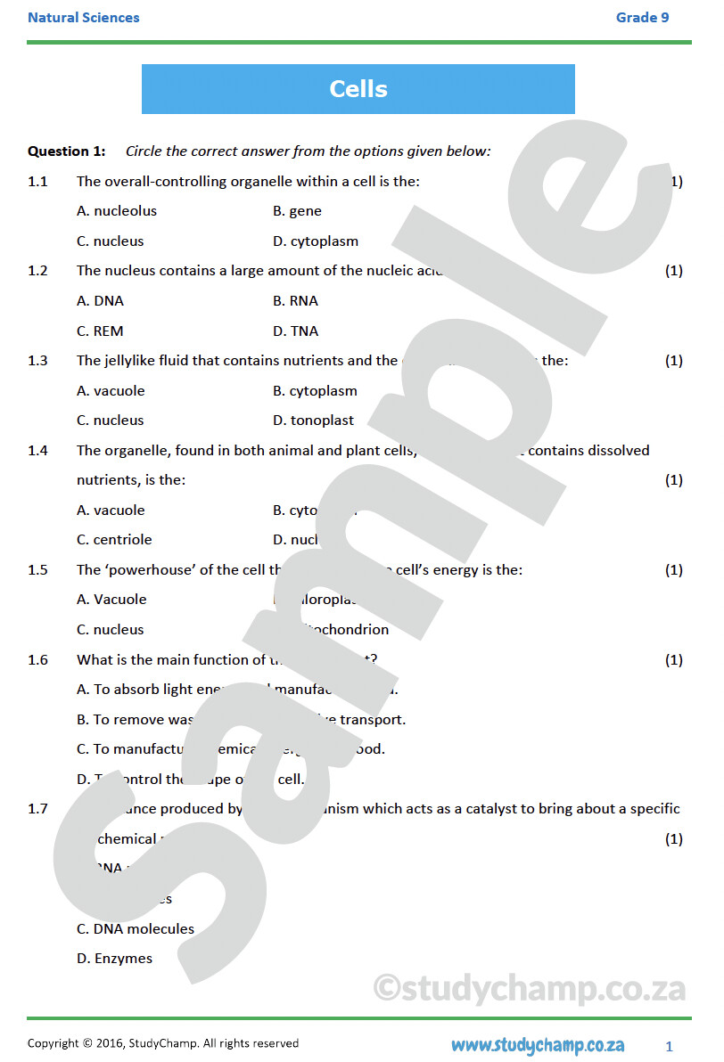 Grade 9 Natural Sciences Test: Cells