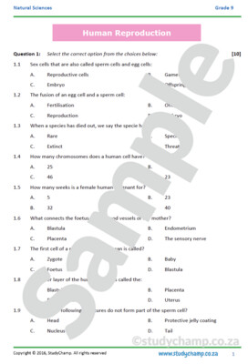Grade 9 Natural Sciences Test: Human Reproduction