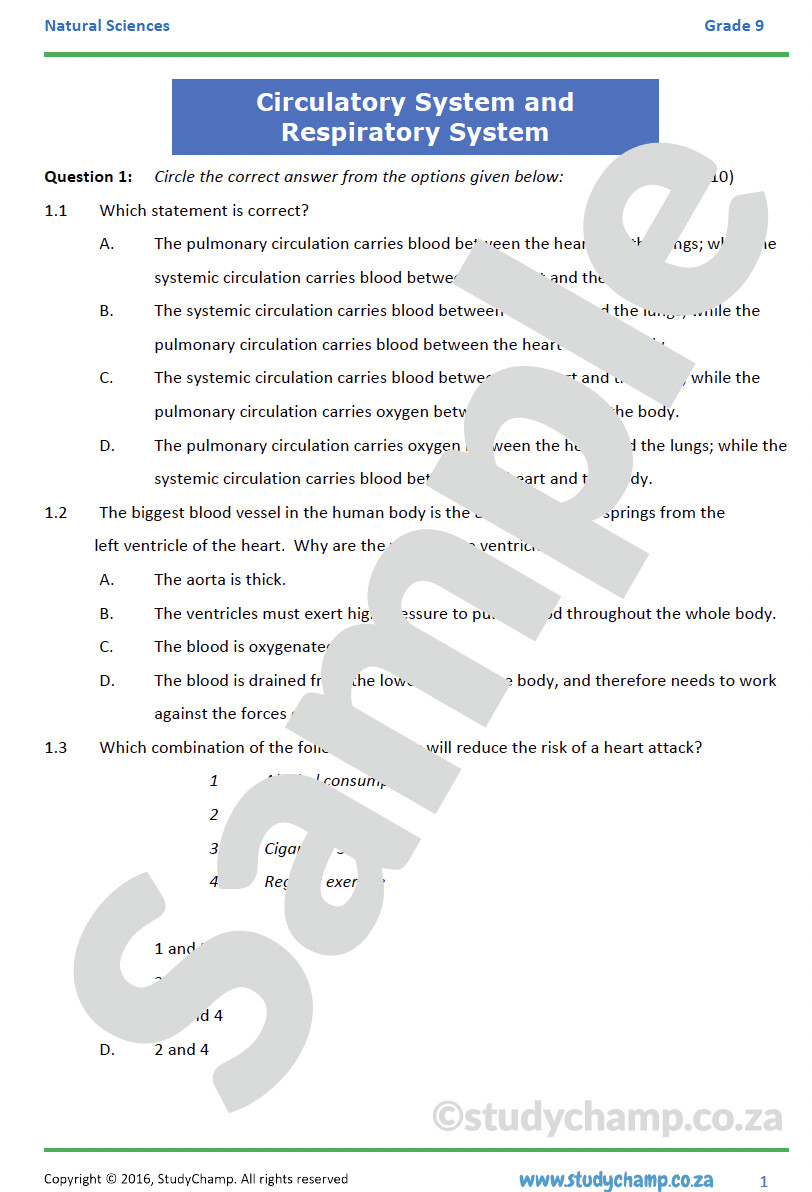 Grade 9 Natural Sciences Test: Circulatory and Respiratory Systems